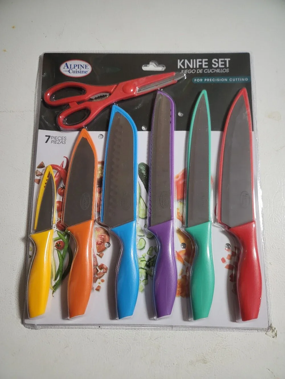 7-Piece Colorful Knife Set with Red Kitchen Shears